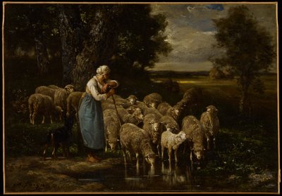 Shepherdess and Sheep, Fontainebleau by Charles Emile Jacque